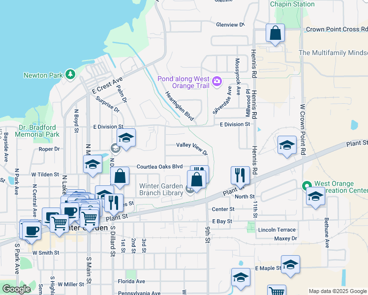 map of restaurants, bars, coffee shops, grocery stores, and more near 438 Valley View Drive in Winter Garden