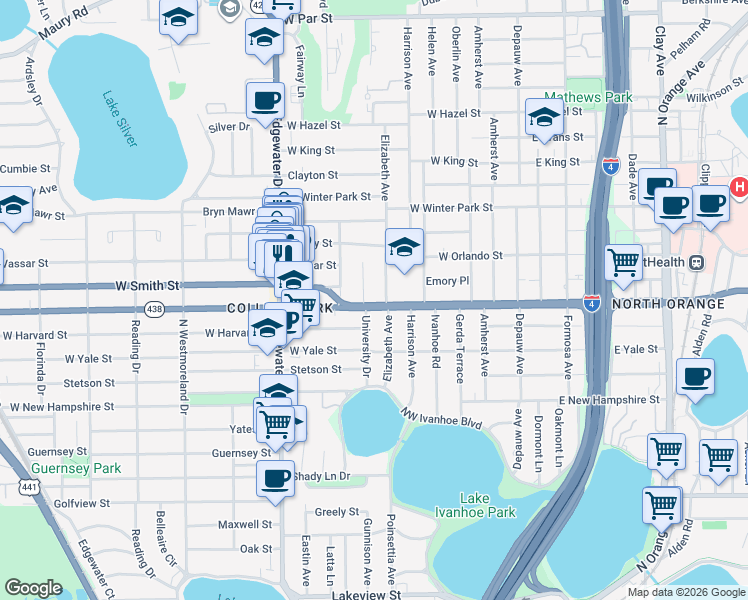 map of restaurants, bars, coffee shops, grocery stores, and more near 2221 Princeton Court in Orlando