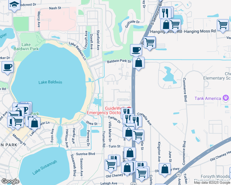 map of restaurants, bars, coffee shops, grocery stores, and more near 5489 Decatur Street in Orlando
