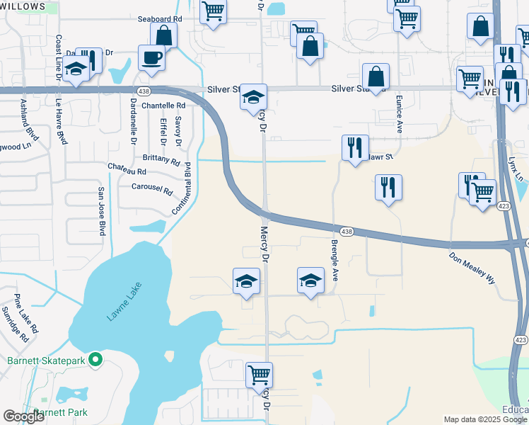 map of restaurants, bars, coffee shops, grocery stores, and more near West Princeton Street & Mercy Drive in Orlando