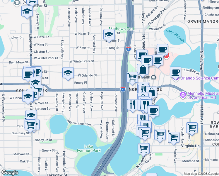 map of restaurants, bars, coffee shops, grocery stores, and more near 2219 Musselwhite Avenue in Orlando