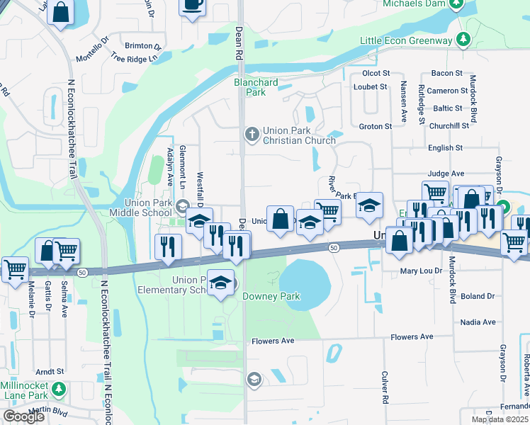 map of restaurants, bars, coffee shops, grocery stores, and more near 10125 Alcock Road in Orlando