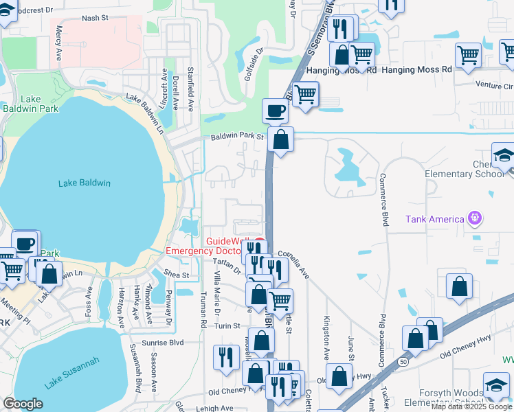 map of restaurants, bars, coffee shops, grocery stores, and more near 2000 North Semoran Boulevard in Orlando