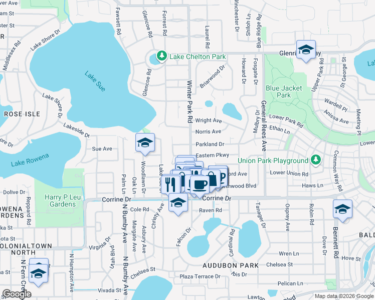 map of restaurants, bars, coffee shops, grocery stores, and more near 2415 Winter Park Road in Winter Park