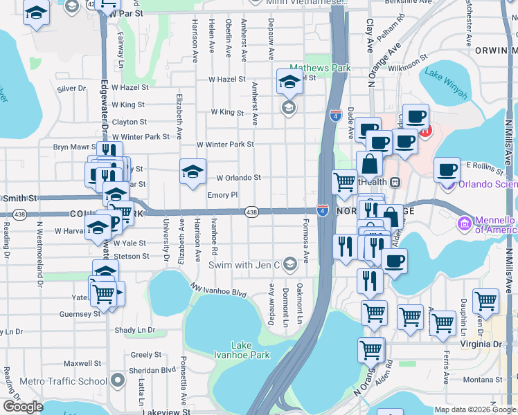 map of restaurants, bars, coffee shops, grocery stores, and more near 2218 Depauw Avenue in Orlando