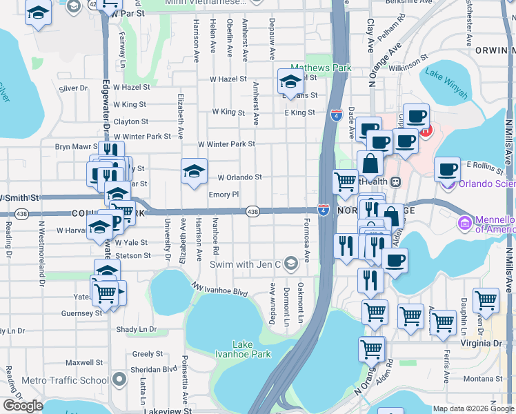 map of restaurants, bars, coffee shops, grocery stores, and more near 2218 Depauw Avenue in Orlando