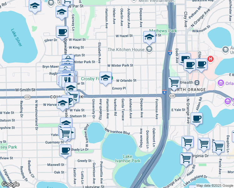 map of restaurants, bars, coffee shops, grocery stores, and more near 232 Emory Place in Orlando