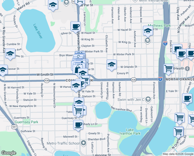 map of restaurants, bars, coffee shops, grocery stores, and more near 603 West Smith Street in Orlando