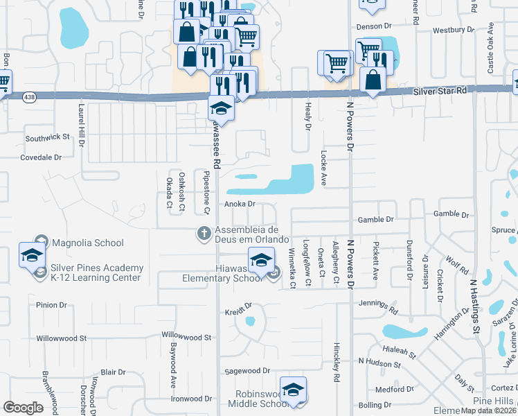 map of restaurants, bars, coffee shops, grocery stores, and more near 6809 Anoka Drive in Orlando