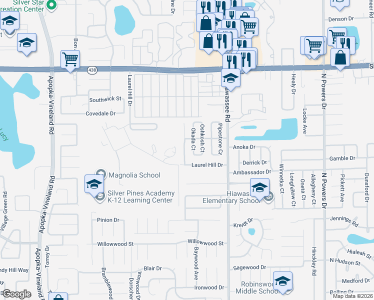 map of restaurants, bars, coffee shops, grocery stores, and more near 2250 Wautoma Place in Orlando