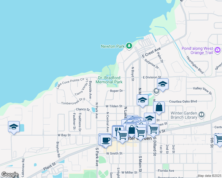 map of restaurants, bars, coffee shops, grocery stores, and more near 133 Roper Drive in Winter Garden