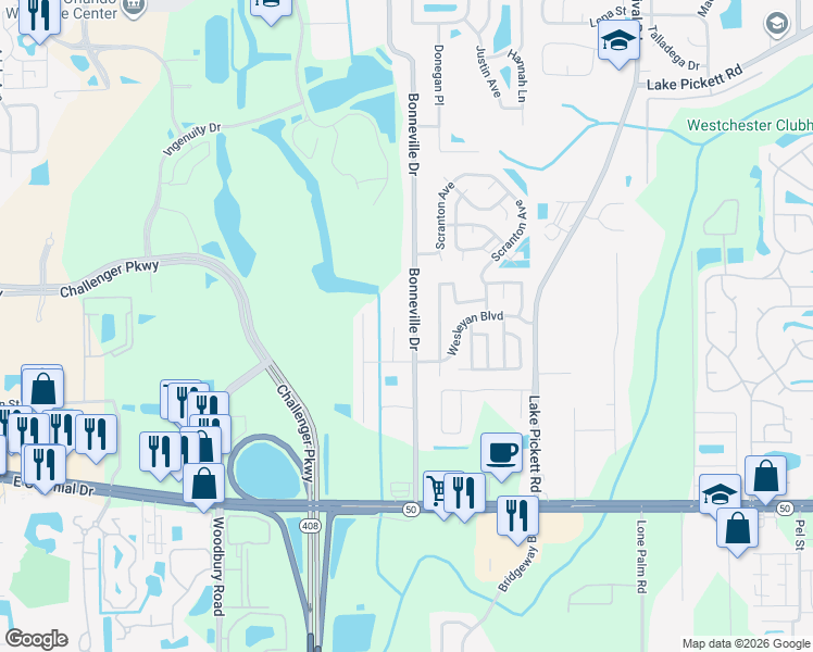 map of restaurants, bars, coffee shops, grocery stores, and more near 1848 Bonneville Drive in Orlando