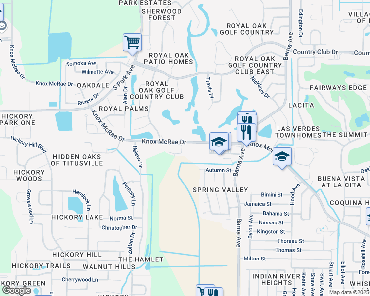 map of restaurants, bars, coffee shops, grocery stores, and more near 2205 Knox McRae Drive in Titusville