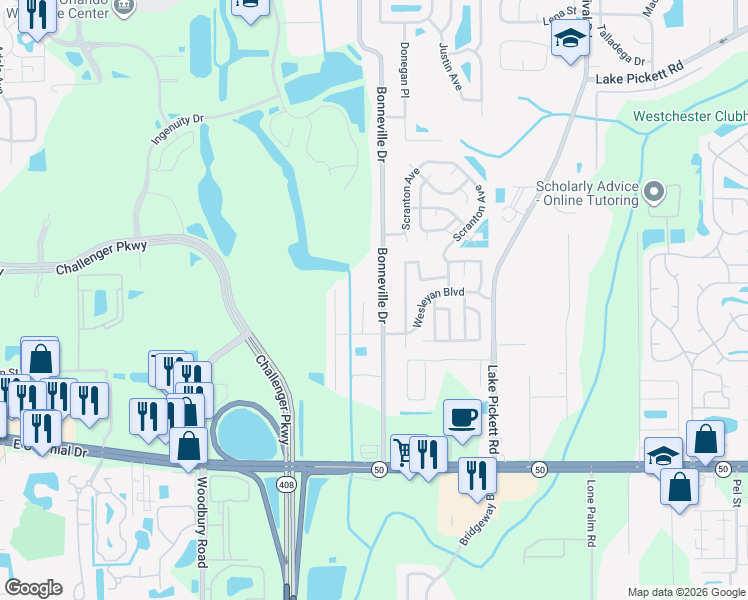 map of restaurants, bars, coffee shops, grocery stores, and more near 1848 Bonneville Drive in Orlando