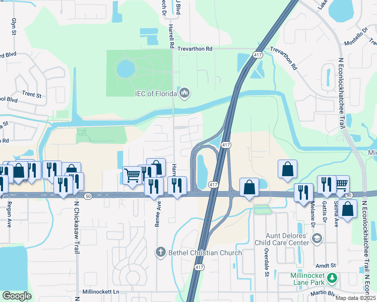 map of restaurants, bars, coffee shops, grocery stores, and more near 8700-8798 Dundee Way in Orlando