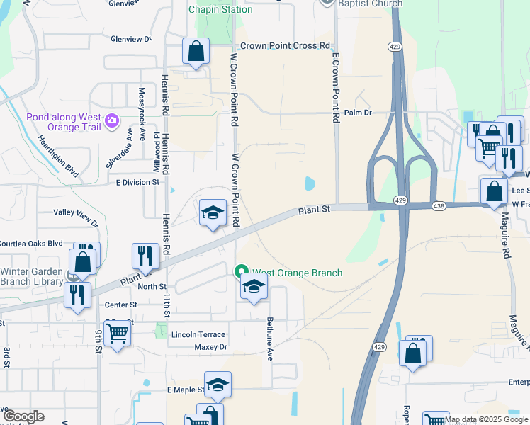 map of restaurants, bars, coffee shops, grocery stores, and more near 1305 East Plant Street in Winter Garden