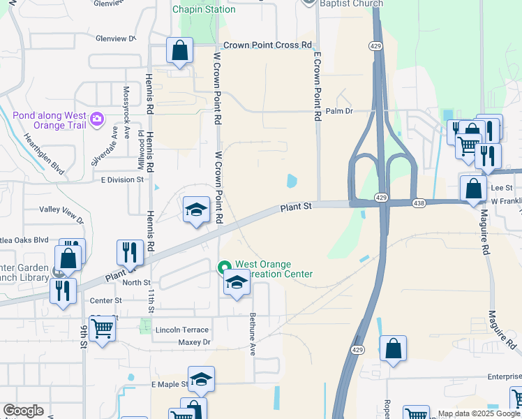 map of restaurants, bars, coffee shops, grocery stores, and more near 1223 East Plant Street in Winter Garden