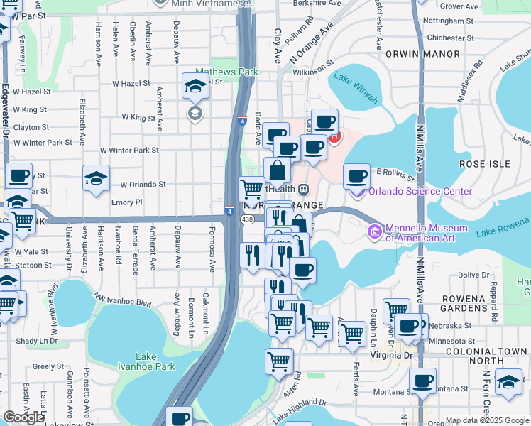 map of restaurants, bars, coffee shops, grocery stores, and more near 319 East Princeton Street in Orlando