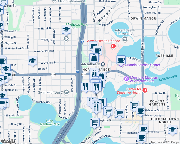 map of restaurants, bars, coffee shops, grocery stores, and more near 301 East Princeton Street in Orlando