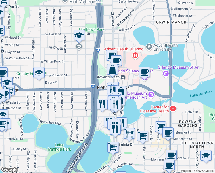 map of restaurants, bars, coffee shops, grocery stores, and more near 301 East Princeton Street in Orlando