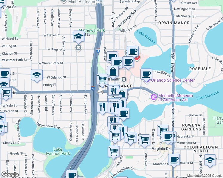 map of restaurants, bars, coffee shops, grocery stores, and more near 319 East Princeton Street in Orlando