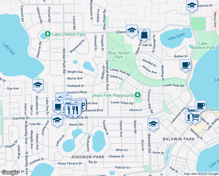 map of restaurants, bars, coffee shops, grocery stores, and more near 3603 Upper Union Road in Orlando