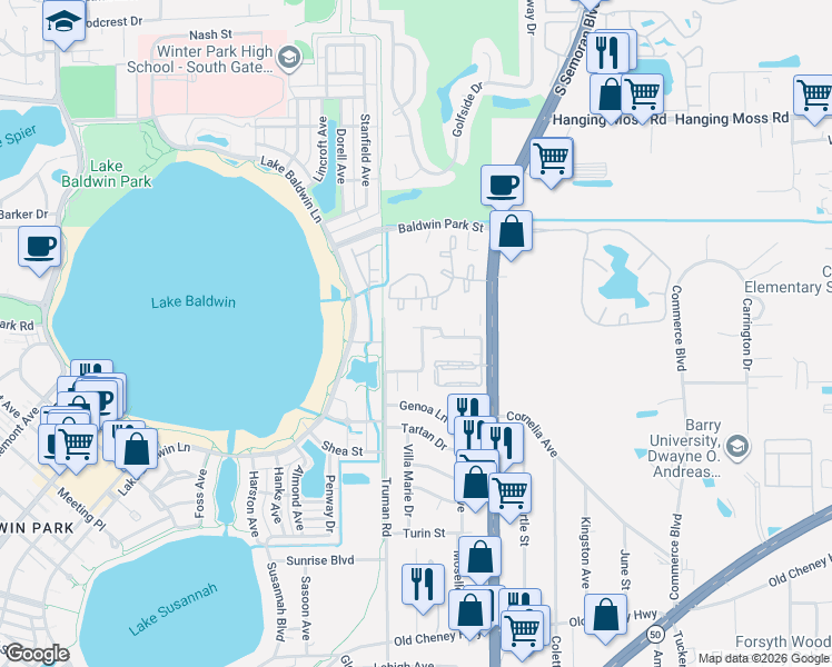 map of restaurants, bars, coffee shops, grocery stores, and more near 5489 Decatur Street in Orlando