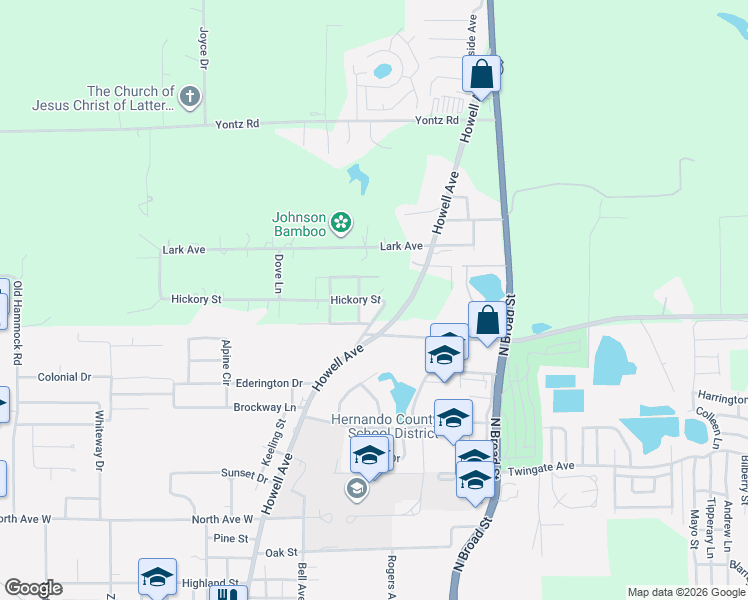 map of restaurants, bars, coffee shops, grocery stores, and more near 1206 Rose Street in Brooksville