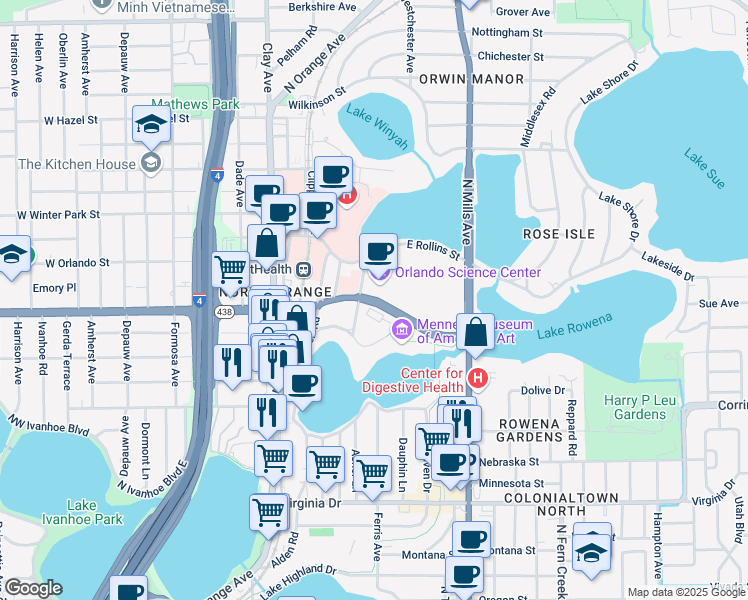 map of restaurants, bars, coffee shops, grocery stores, and more near 777 East Princeton Street in Orlando
