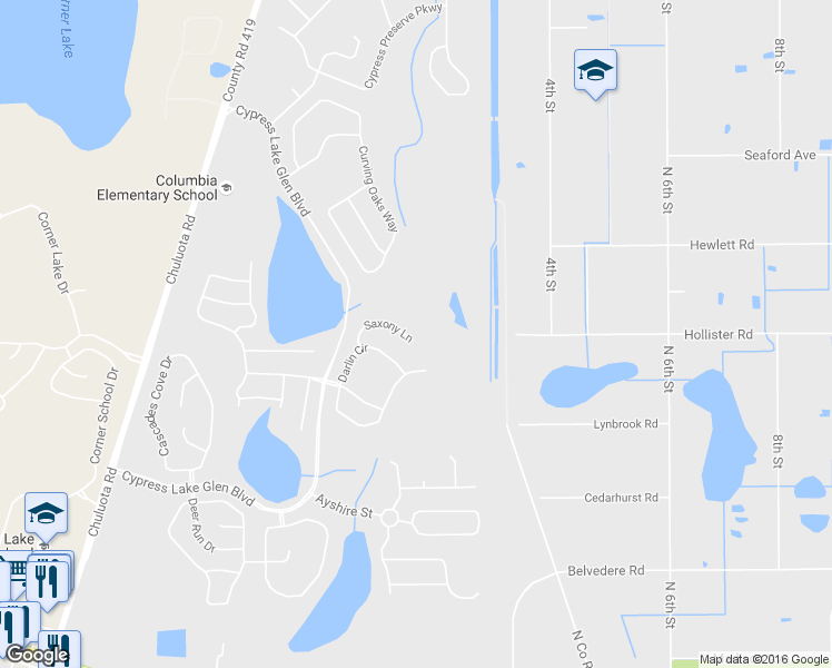 map of restaurants, bars, coffee shops, grocery stores, and more near 18131 Saxony Lane in Orlando