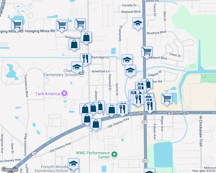 map of restaurants, bars, coffee shops, grocery stores, and more near 7219 Dominion Avenue in Orlando