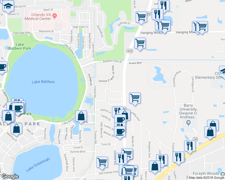 map of restaurants, bars, coffee shops, grocery stores, and more near 2000 North Semoran Boulevard in Orlando