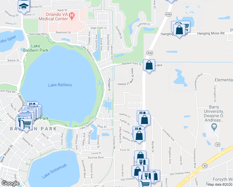 map of restaurants, bars, coffee shops, grocery stores, and more near 1955 Truman Road in Orlando