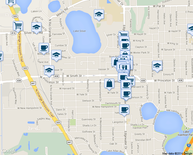 map of restaurants, bars, coffee shops, grocery stores, and more near 1022 West Smith Street in Orlando