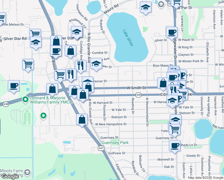 map of restaurants, bars, coffee shops, grocery stores, and more near 1333 West Smith Street in Orlando