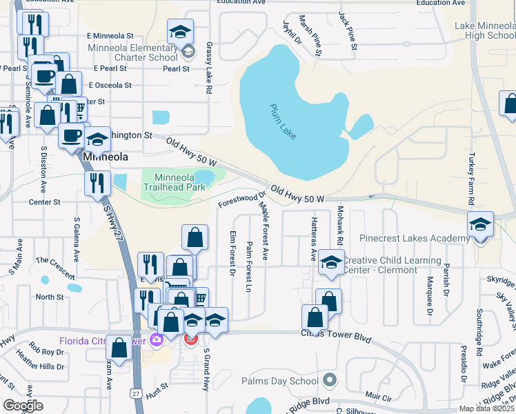 map of restaurants, bars, coffee shops, grocery stores, and more near 802 Maple Forest Avenue in Minneola