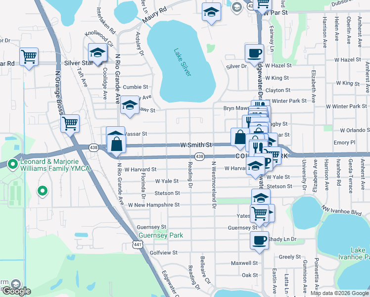 map of restaurants, bars, coffee shops, grocery stores, and more near 1131 West Smith Street in Orlando