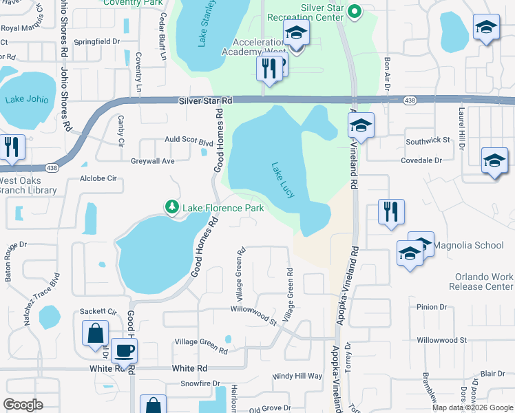 map of restaurants, bars, coffee shops, grocery stores, and more near 8314 Lake Lucy Drive in Orlando