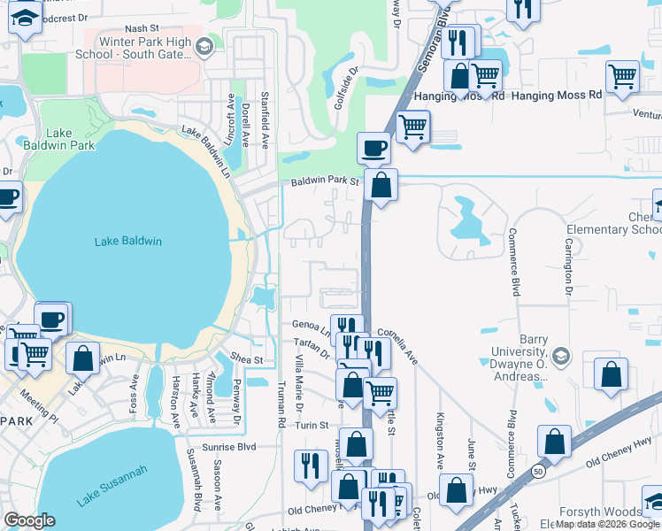 map of restaurants, bars, coffee shops, grocery stores, and more near 2000 North Semoran Boulevard in Orlando