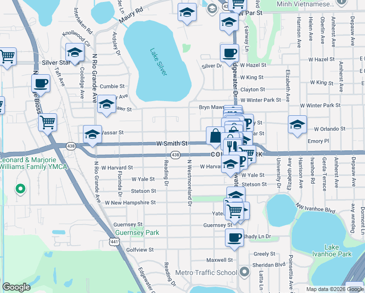 map of restaurants, bars, coffee shops, grocery stores, and more near 1022 West Smith Street in Orlando