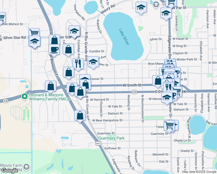 map of restaurants, bars, coffee shops, grocery stores, and more near 1333 West Smith Street in Orlando