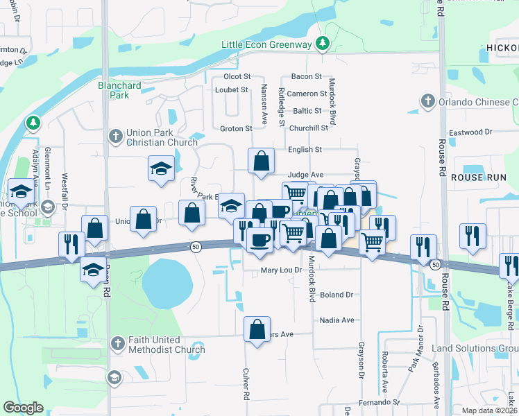 map of restaurants, bars, coffee shops, grocery stores, and more near 11400 Sawyer St in Orlando