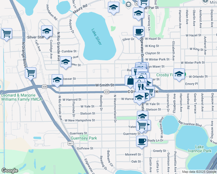 map of restaurants, bars, coffee shops, grocery stores, and more near 1022 West Smith Street in Orlando