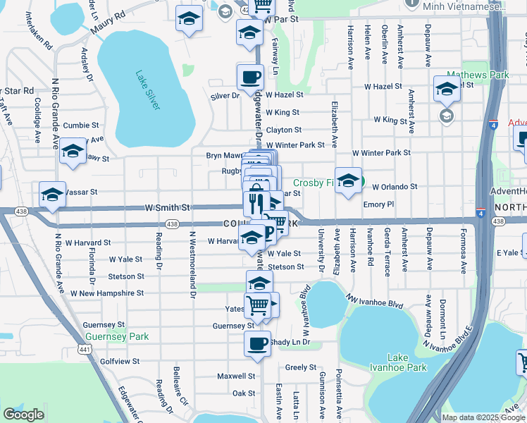 map of restaurants, bars, coffee shops, grocery stores, and more near 2217 Edgewater Drive in Orlando