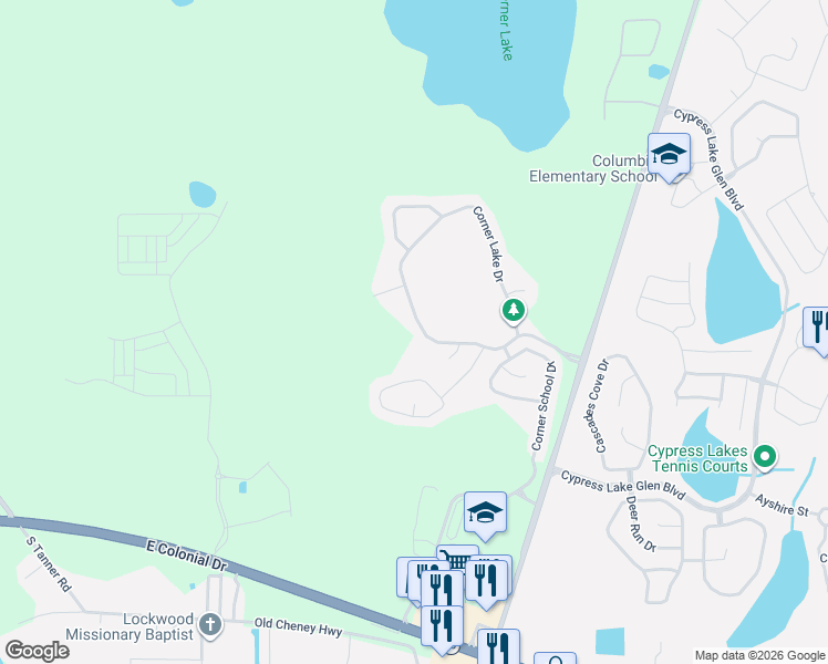 map of restaurants, bars, coffee shops, grocery stores, and more near 16675 Corner Lake Drive in Orlando