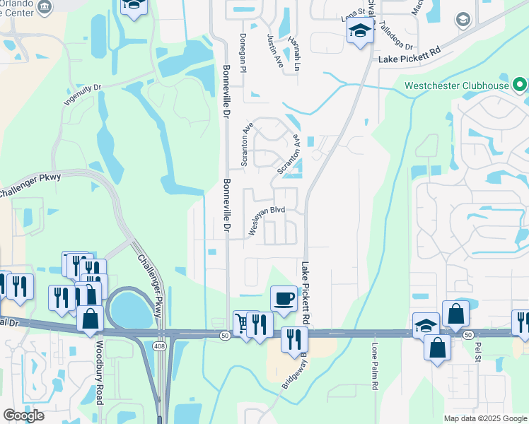 map of restaurants, bars, coffee shops, grocery stores, and more near 13693 Wesleyan Boulevard in Orlando