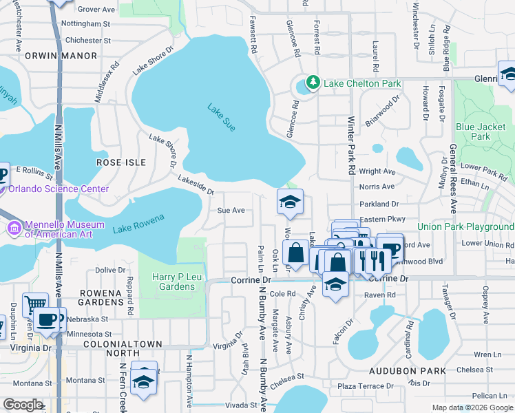 map of restaurants, bars, coffee shops, grocery stores, and more near 2221 Sue Avenue in Orlando