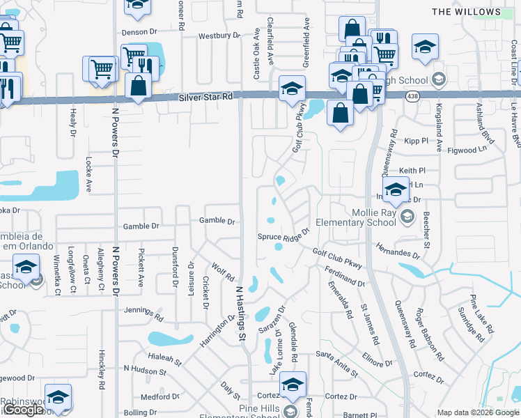 map of restaurants, bars, coffee shops, grocery stores, and more near 1541 Ridge Pointe Drive in Orlando
