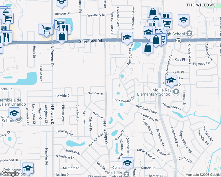 map of restaurants, bars, coffee shops, grocery stores, and more near 1541 Ridge Pointe Drive in Orlando