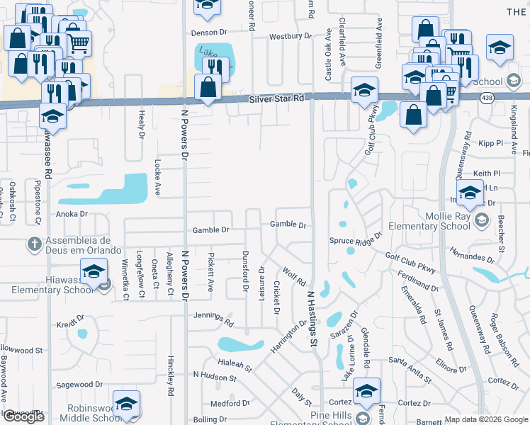 map of restaurants, bars, coffee shops, grocery stores, and more near 2251 Wolf Road in Orlando